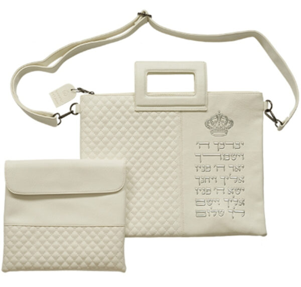 תיק מפואר לטלית ותפילין דמוי עור לבן ברכת כהנים